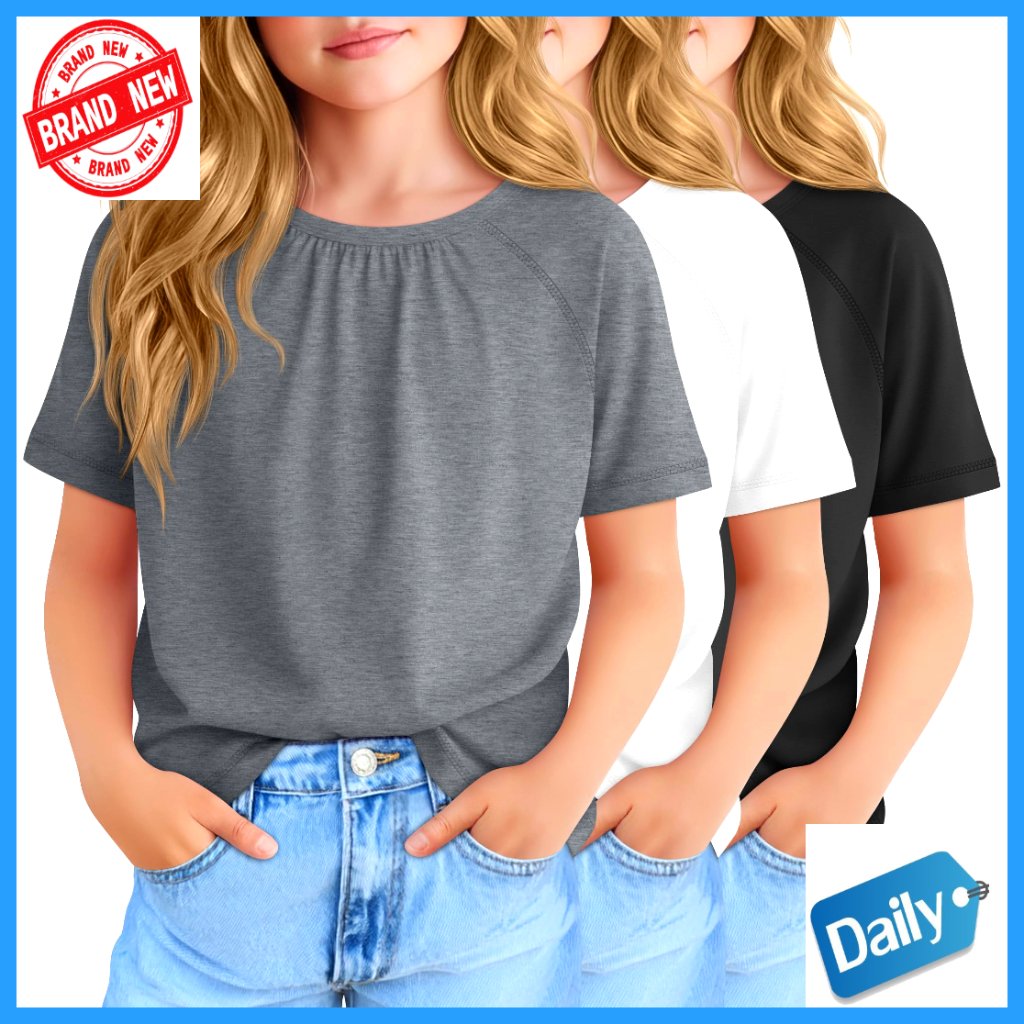 Girls Pleated T-Shirts 3 Pack Short Sleeve Summer Tops 5-14 Years